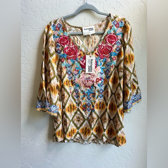 Savanna Jane NWT 1x bohemian floral embroidered pop over top vacation coastal - Picture 4 of 9